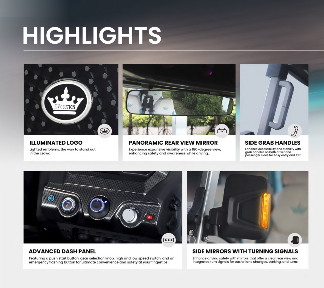 Evolution EV golf cart features